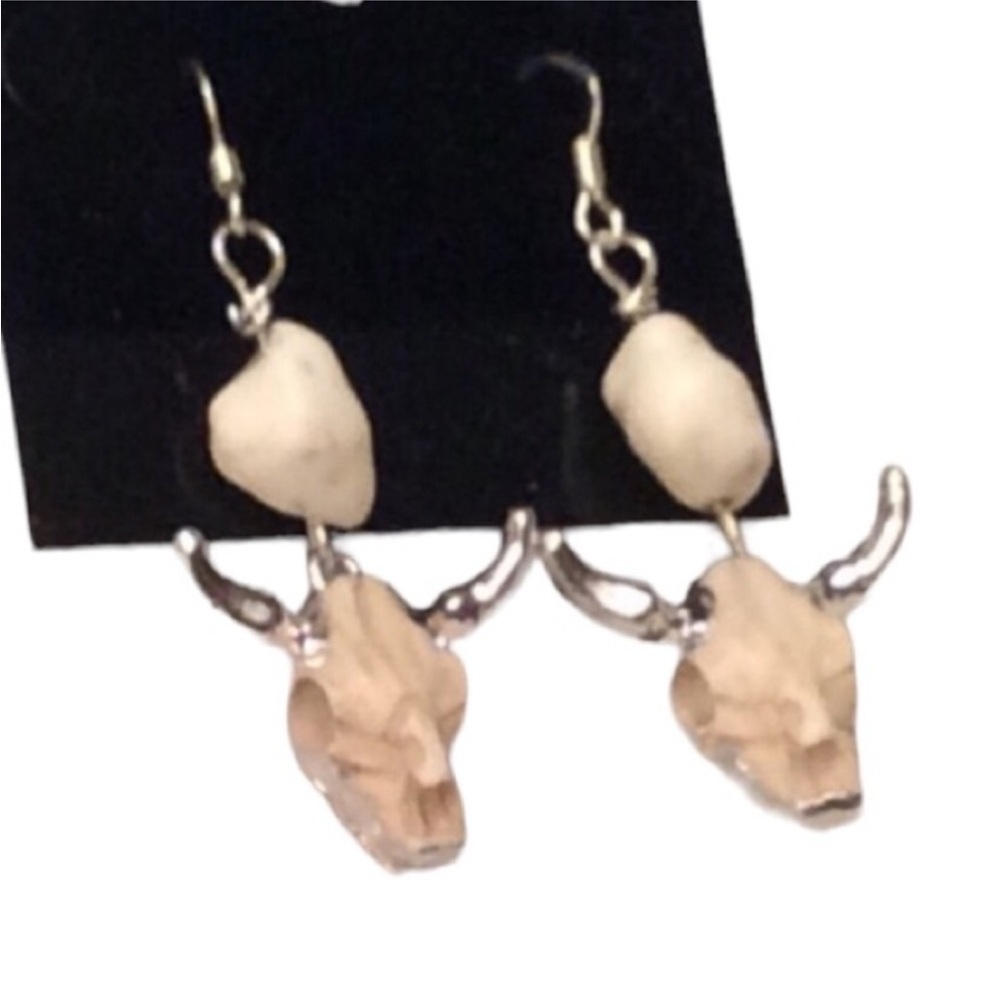 HANDMADE Silver And Cream SOUTHWEST Cow Skull BEAD Earrings With STONE Beads